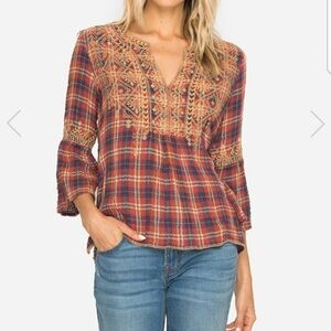 Johnny Was Megan Embroidered Plaid Gauze Flare Sleeve Hippie Top Blouse Red S